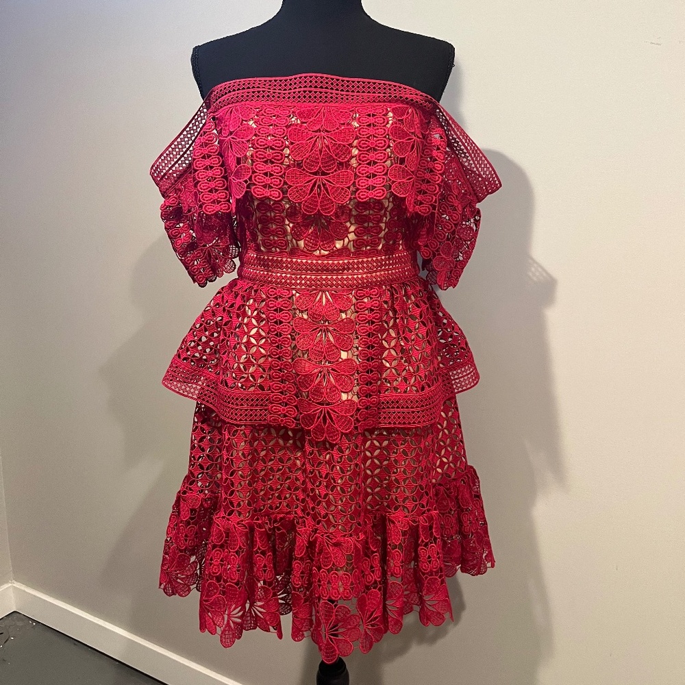 Self Portrait Off the Shoulder Red Lace Dress